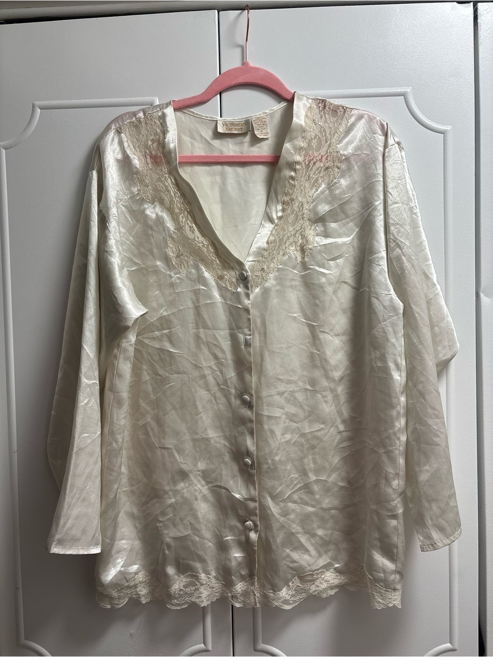 Silk-Blend Ivory Lace Trim Button-Up Blouse